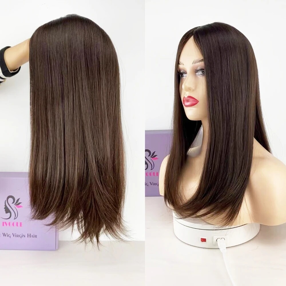 Brown Virgin Human Hair Jewish Topper Silk Base Kosher Sheitel HairPiece Women