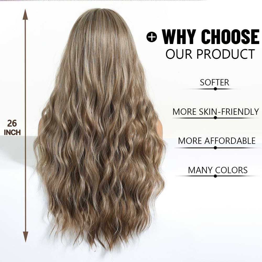 Long Wavy Ash Blonde Wigs for Women with Fringe Natural Synthetic Hair Wig fo…