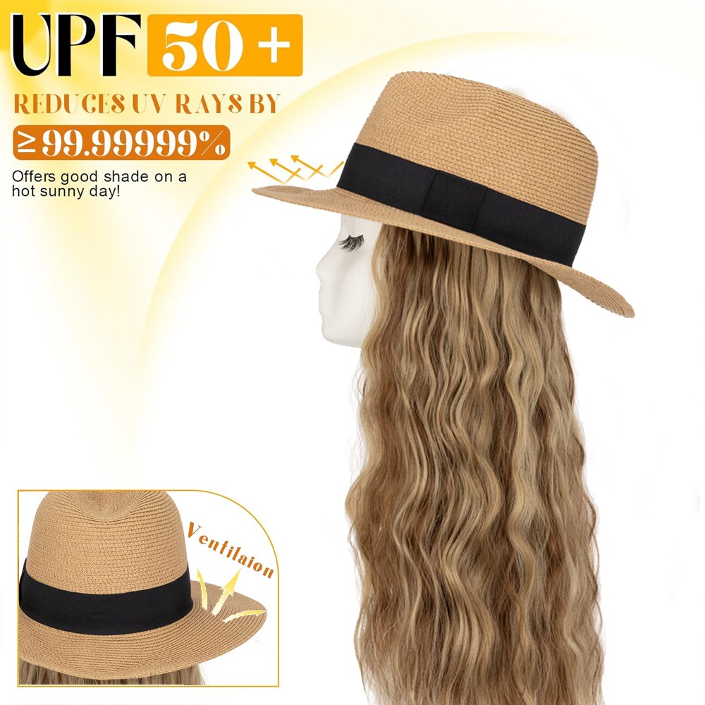 Long Wave Sun Hat Wig with Synthetic Hair Adjustable Straw Beach Cap For Women