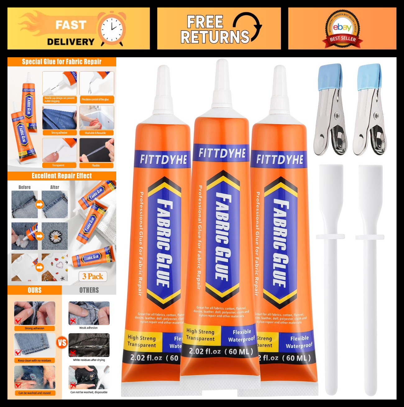3Pcs Permanent Fabric Glue 60ML – Washable Clear Adhesive for Clothes, Denim, Pa