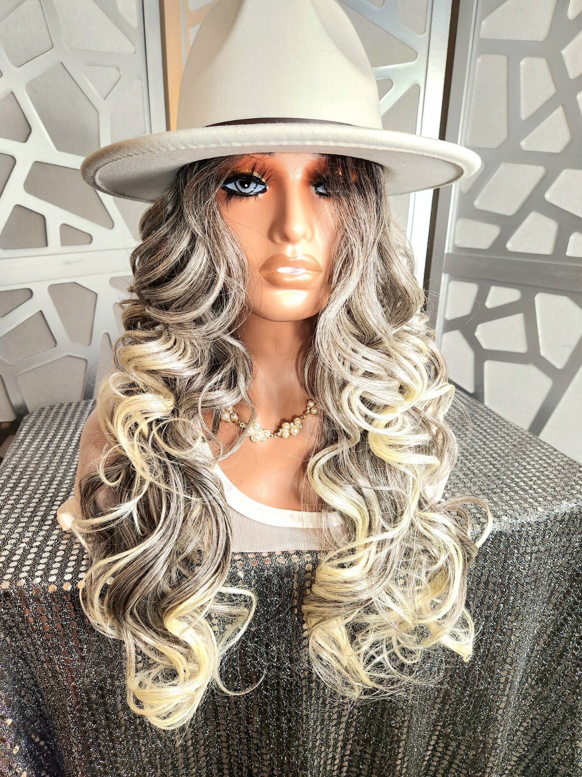 Lace Front Wig Human Hair Blend Ombre Blonde Curly Long Wig Highlights Glueless