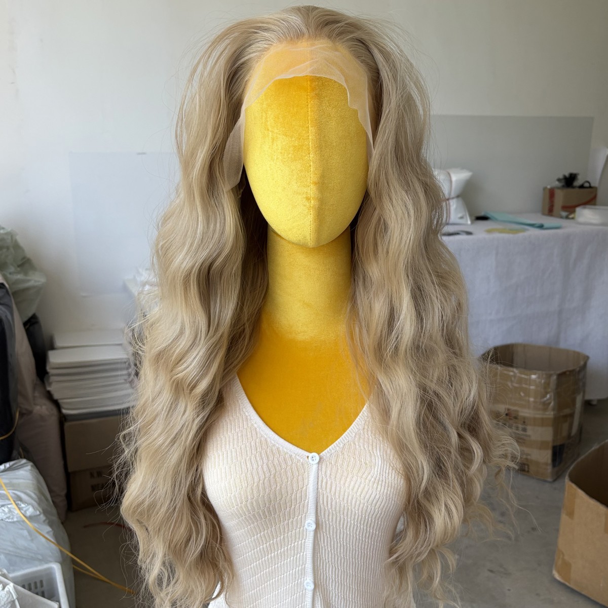 Glue Less Lace Front Wig Long Wavy Heat Resistant Synthetic Hair Ash Blonde