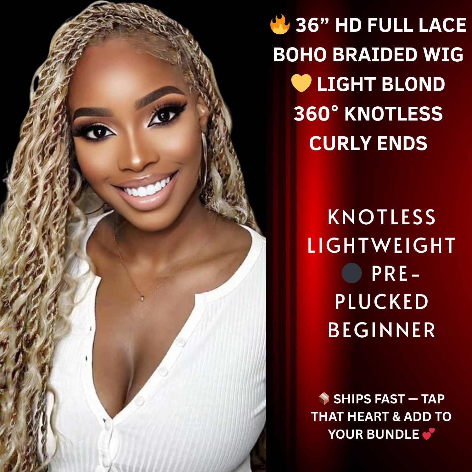 Braided Wig Light Blonde Boho Box Braids Full Lace Glueless Curly Ends 32″ Long