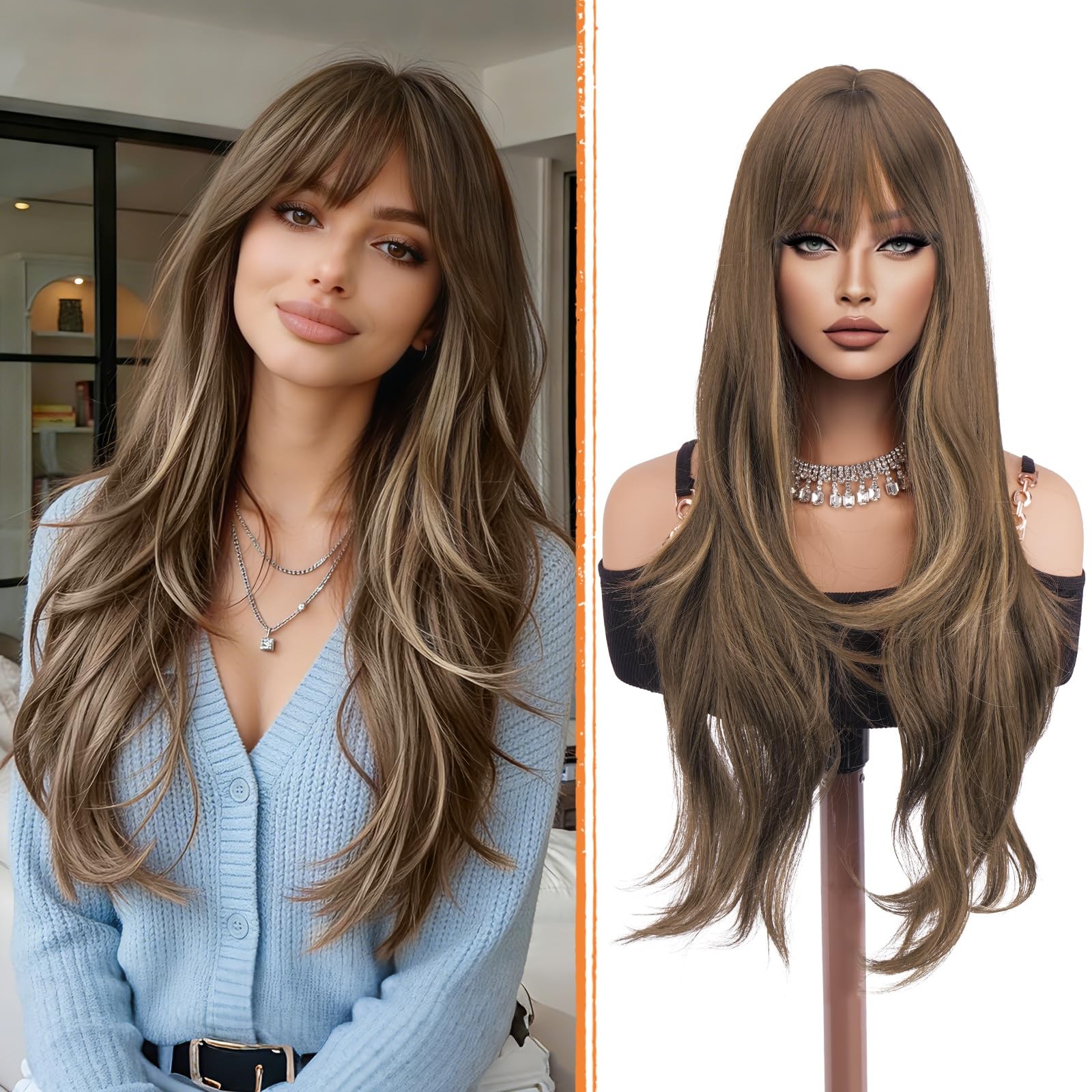 Blonde Brown Wigs with Bangs – Long Layered Natural Looking Synthetic Heat Re…
