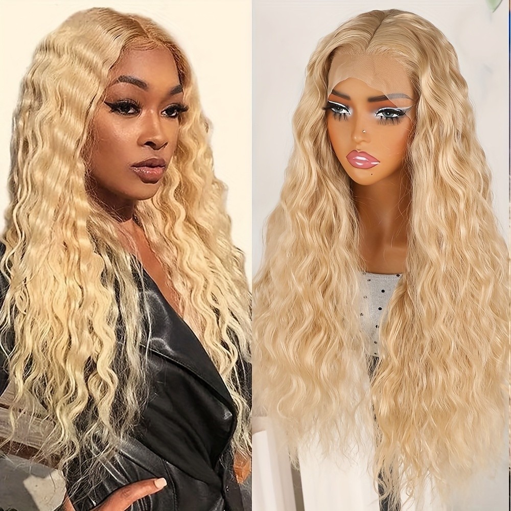 Water Wave Glueless Heat Resistant Fiber Lace Front Wigs Long Curly Hair Women
