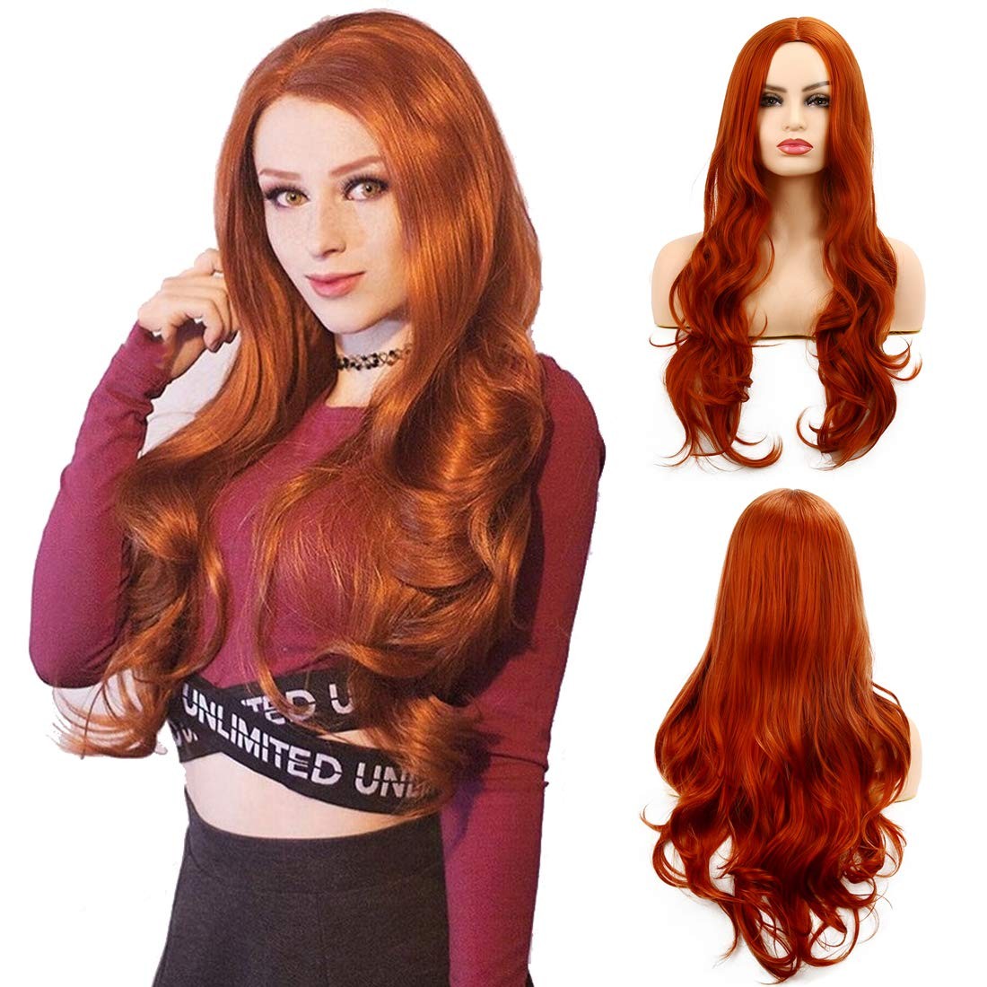 Orange Wigs for Women Long Curly Wavy Synthetic Hair Natural Middle Parting H…