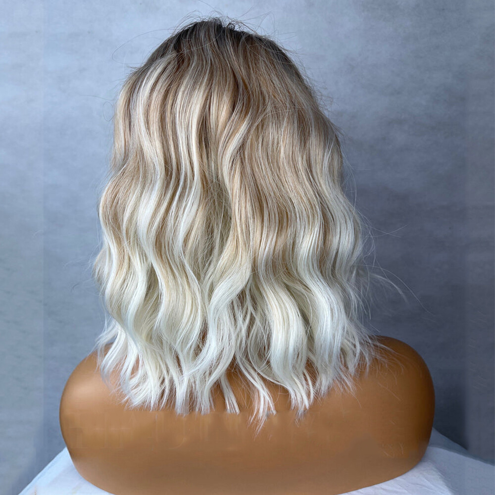 12″ Ash Blonde to Light Blonde Balayage Bob Wave Wig Lace Front Human Hair Wigs