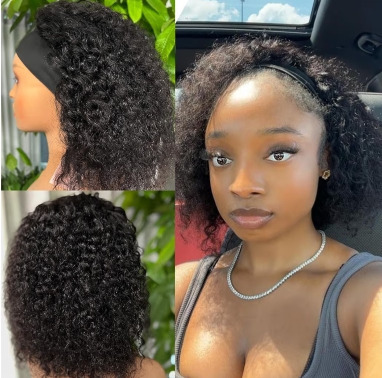 Deep Wave Headband Wig Human Hair 12 Inch Curly Headband Wigs for Black Women Hu