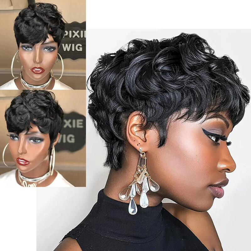 Short Black Curly Pixie Wigs Synthetic Natural Wavy Hair Wigs for Black Women US