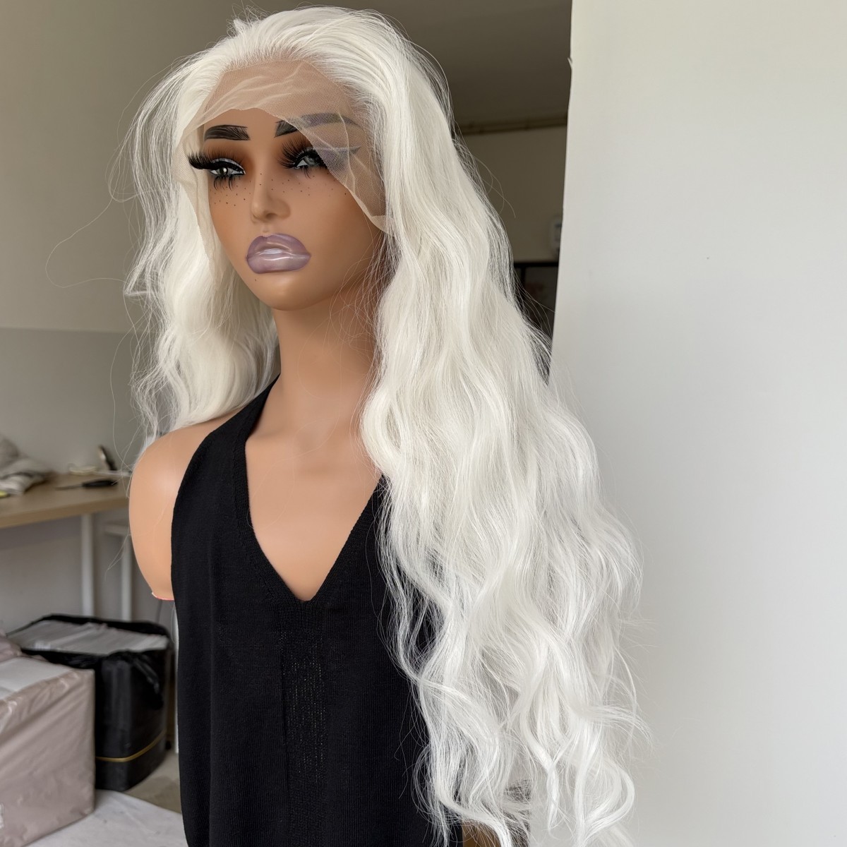 Long Wavy T Lace Frontal Wig Heat Resistant Synthetic Hair White Natural Layered