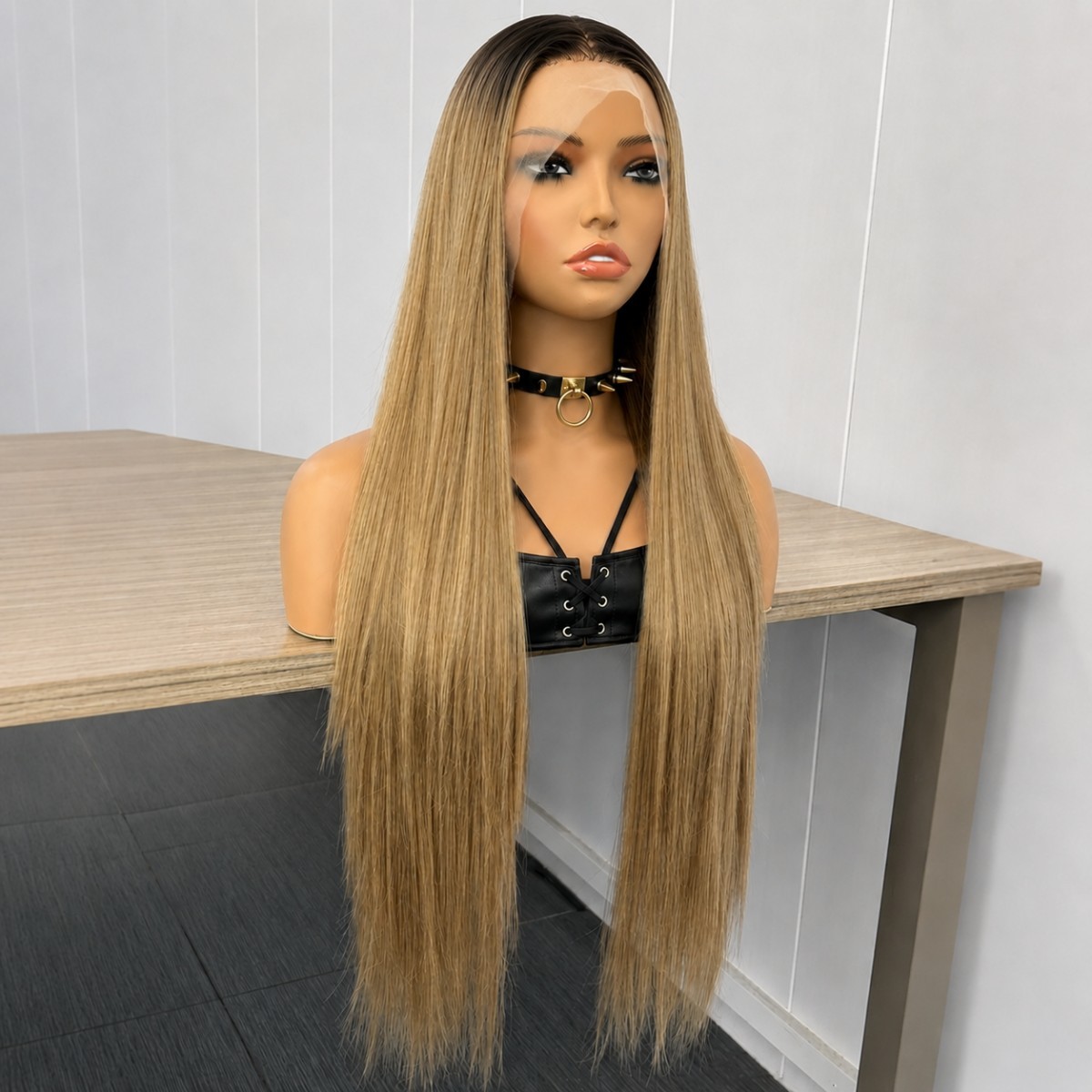 Layered Lace Frontal Wig Natural Long Straight Synthetic Hair Blended blonde