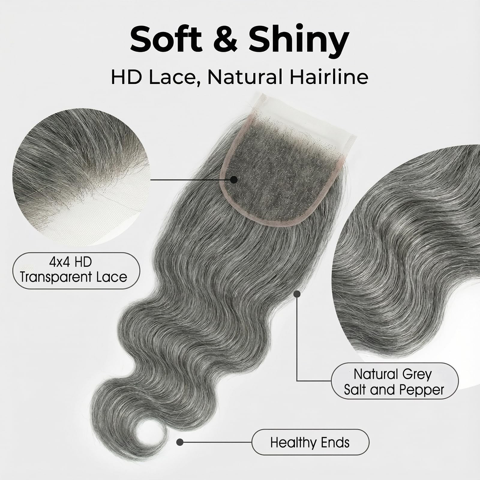Mydiva Salt And Pepper Body Wave Closure Natural Grey 10 Inch 4X4 Hd