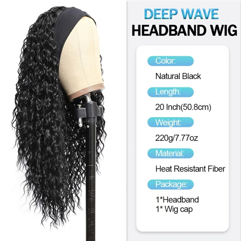Water Wave Headband Wig with Pre-Attached Scarf – Curly Deep Wave No Lace Front