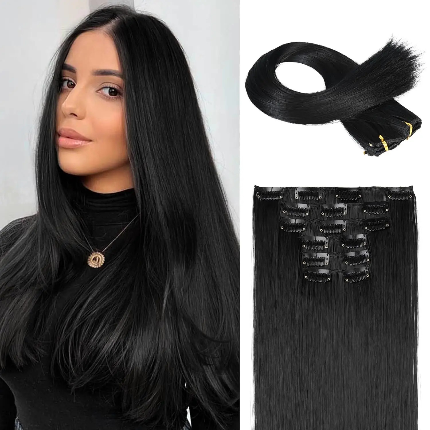 6Pieces/Set Clips in Hair Extensions 24 Inch Synthetic Long Straight Extensions