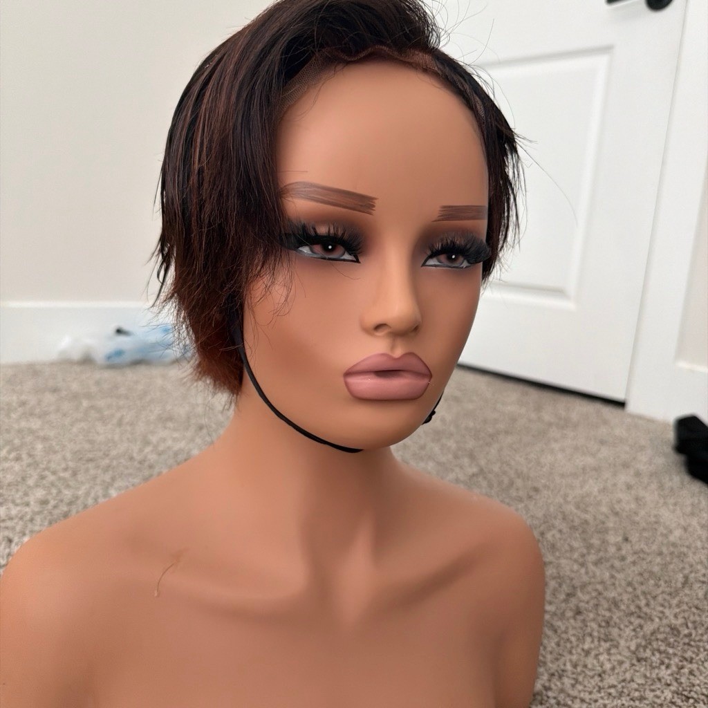 Glueless Lace Front Human Hair Short Straight Bob Wig, Dark Brown/Auburn