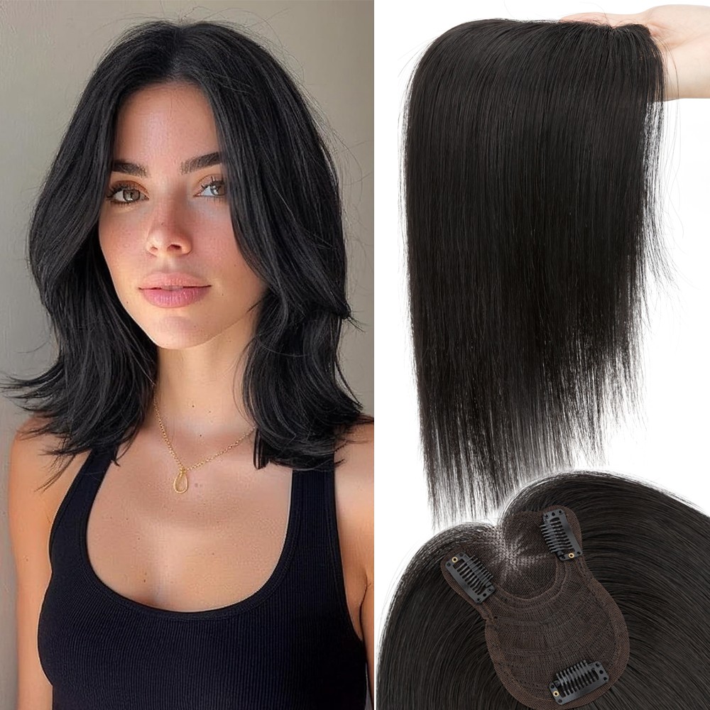 Clip in Human Hair Toppers with Curtain Bangs Lace Base Hair Piece for Women US