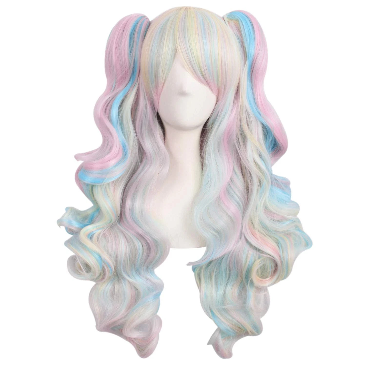 Multi-color Lolita Long Curly Clip on Ponytails Pink/Blue/Blonde