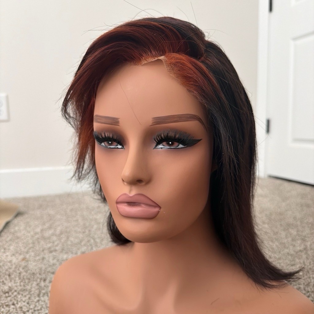 Lace Front Straight Bob human hair Wig Dark Brown/Copper Red Highlights Women
