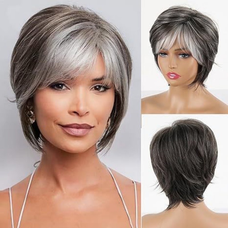 Women’s Salt and Pepper Pixie Cut Wig Short Layered Synthetic Hair