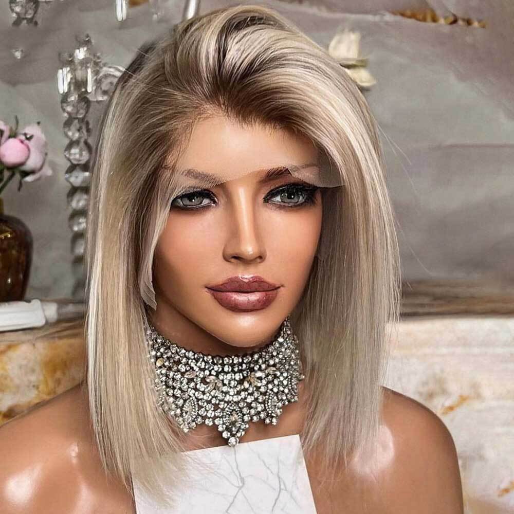 Ash Blonde Short Bob Wigs with Dark Roots 100% Human Hair Lace Front Wigs 13×4