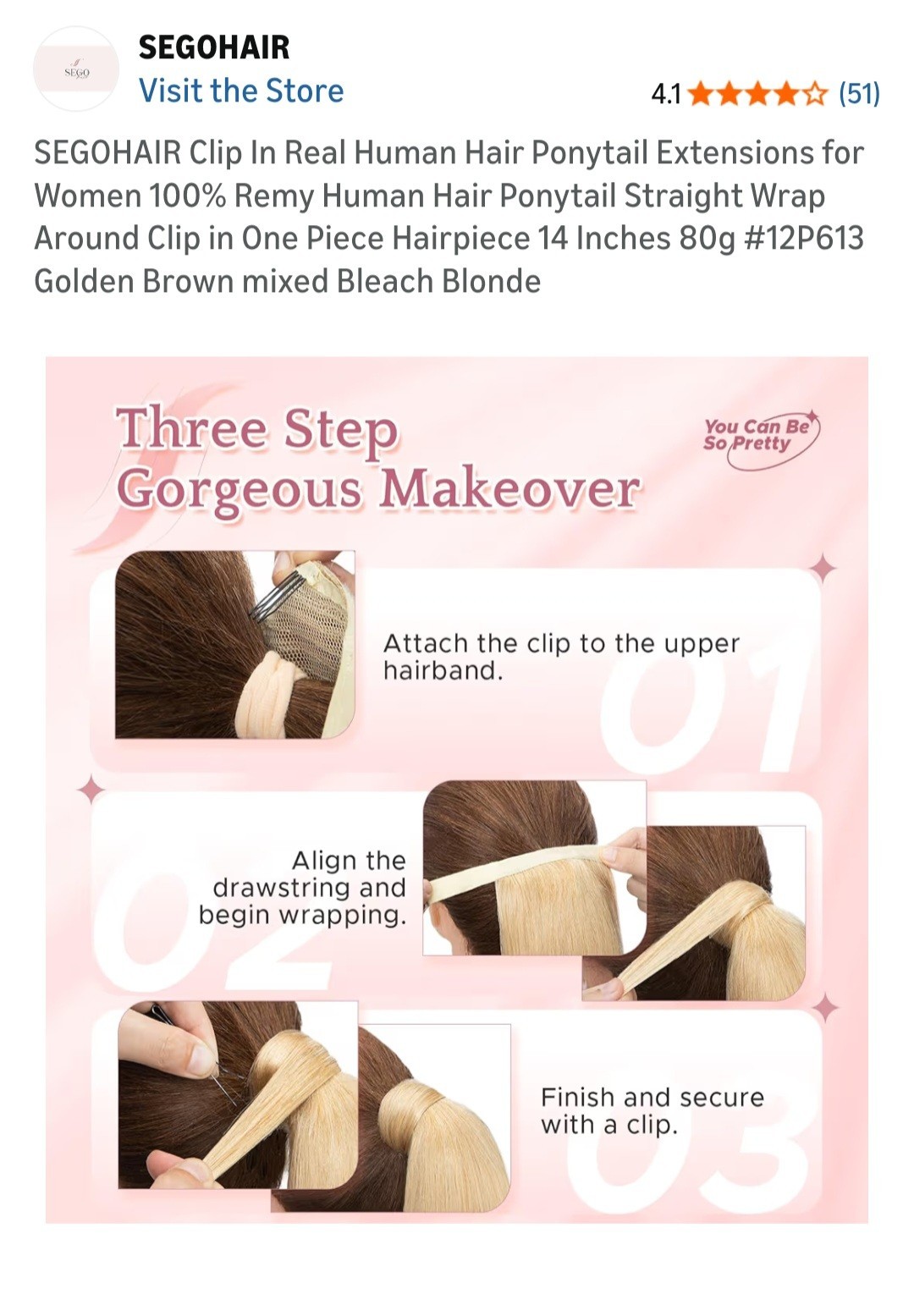 Sego Ponytail Extension Human Hair Clip/ 14 In. 80g. Golden Brown & Bleach Blond