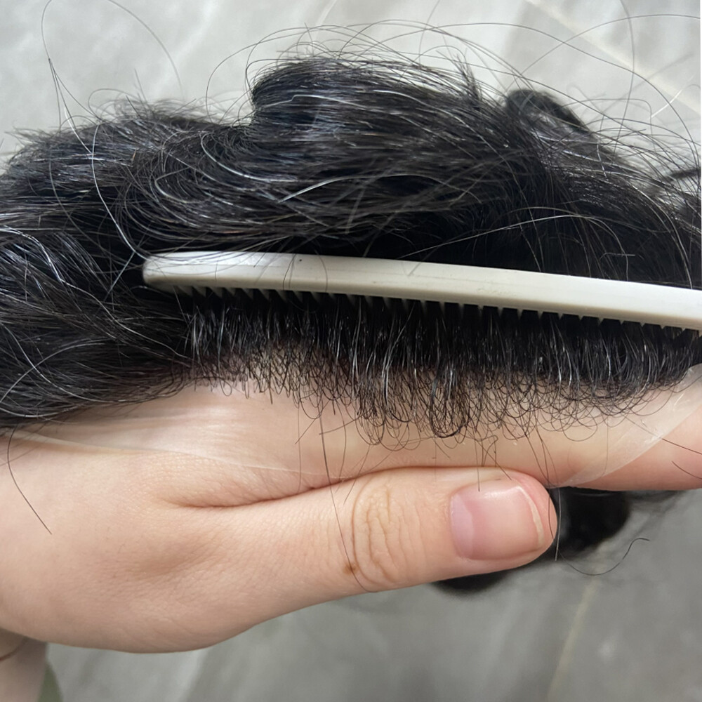 Super Thin Skin 0.02mm Silicon Men Toupee Natural Hairline Grey 100% Human Hair