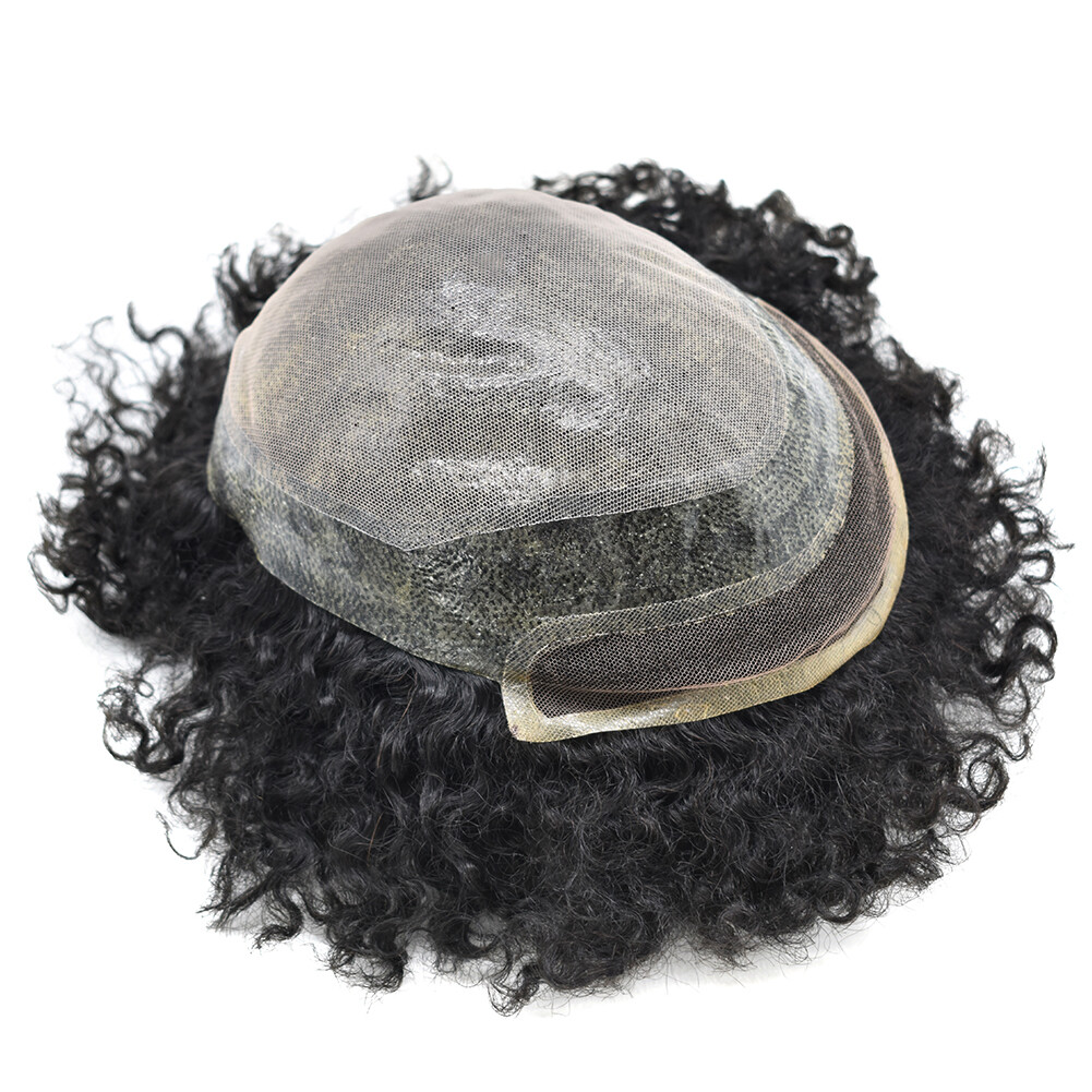 Lace Front Afro Curl Mens Toupee Poly Skin African American Human Hair Piece Wig