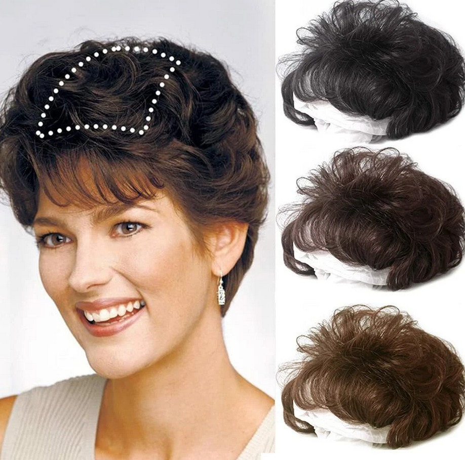 Short Curly Real Human Hair Topper with Front Bangs for Women,Breathable Wiglets