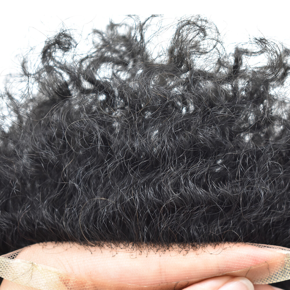 Lace Front Afro Curl Mens Toupee Poly Skin African American Human Hair Piece Wig
