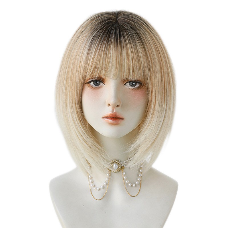 Custom Short BOB Wig Ash Tea Color Japanese Style Wig with Bangs Synthetic Full
