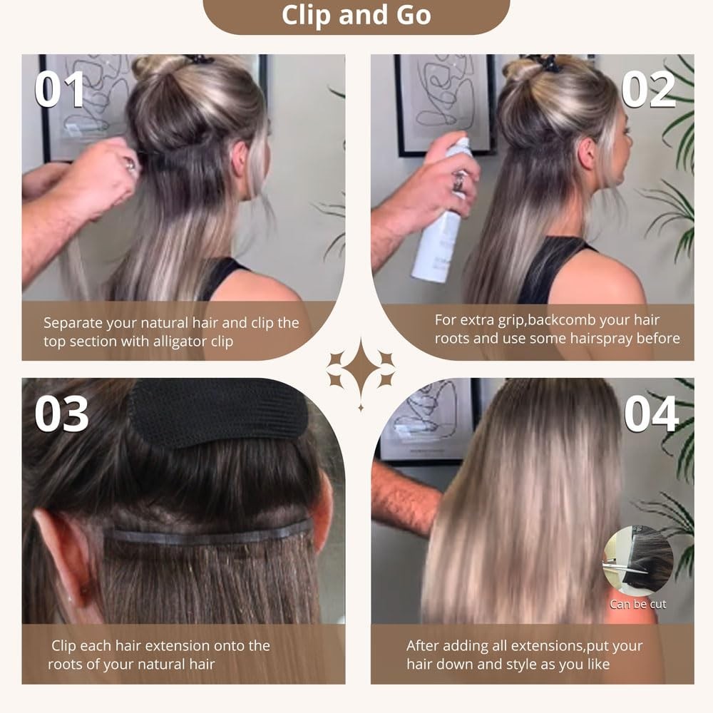 18″ 120g Clip In Hair Extensions, Real Remy Human Hair, Balayage Brown to Blonde