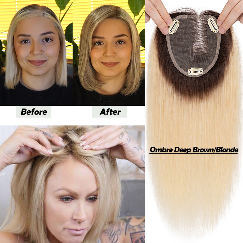 Clip in Real Remy Human Hair Topper Women’s Ombre Hairpiece Top Toupee Side Part