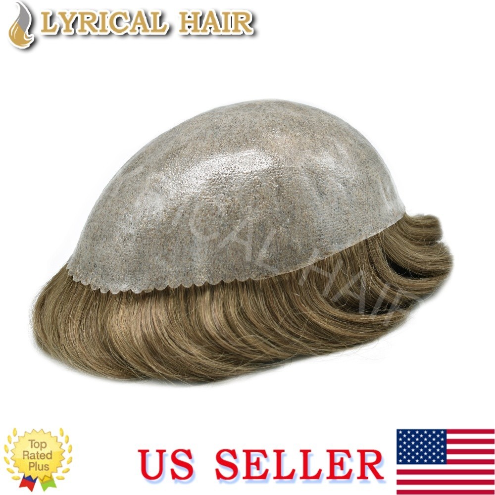 Full PU Mens Toupee Human Hair Replacement System Black Grey Brown Hairpiece Wig