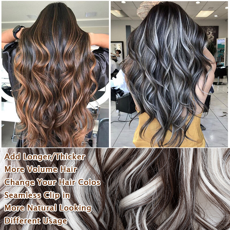 4PCS Clip In 100%Real THICK as Human Hair Extension Full Head Highlight Balayage