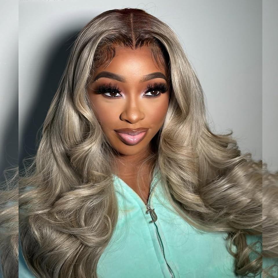 Ombre Ash Blonde Body Wave Lace Front Wig 26″ Human Hair, 200 Density, Glueless,