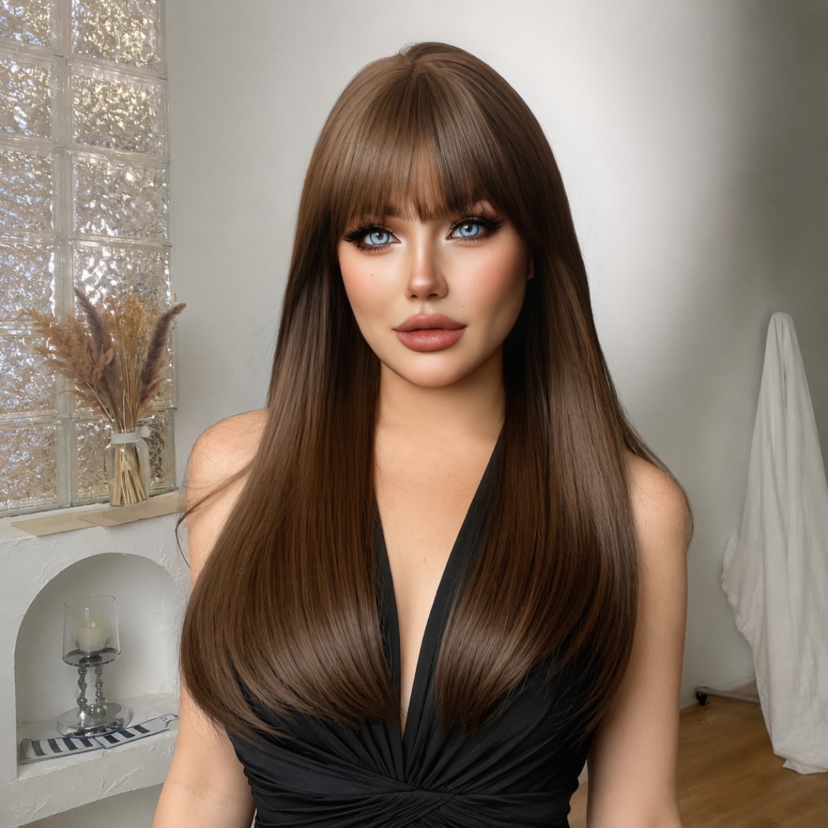 Medium brown Heat Resistant Hair Cosplay Wig With Fringe Long Straight