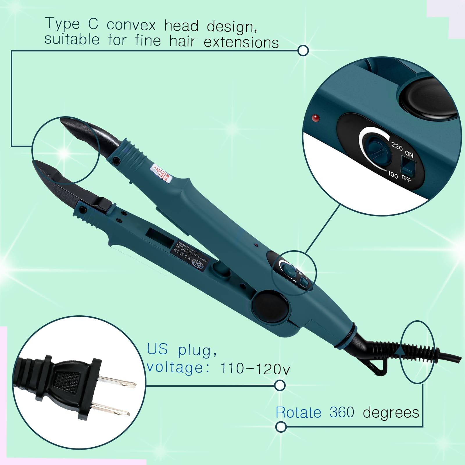 Professional Hair Extensions Tool with Fusion Heat Iron Connector Wand, US Pl…