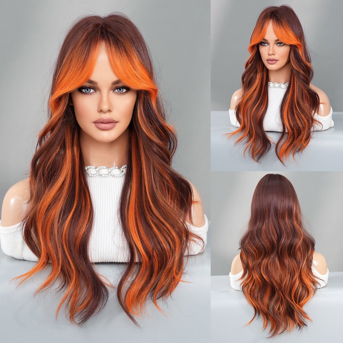Full head wig with side-swept bangs colorful flame orange highlights and long