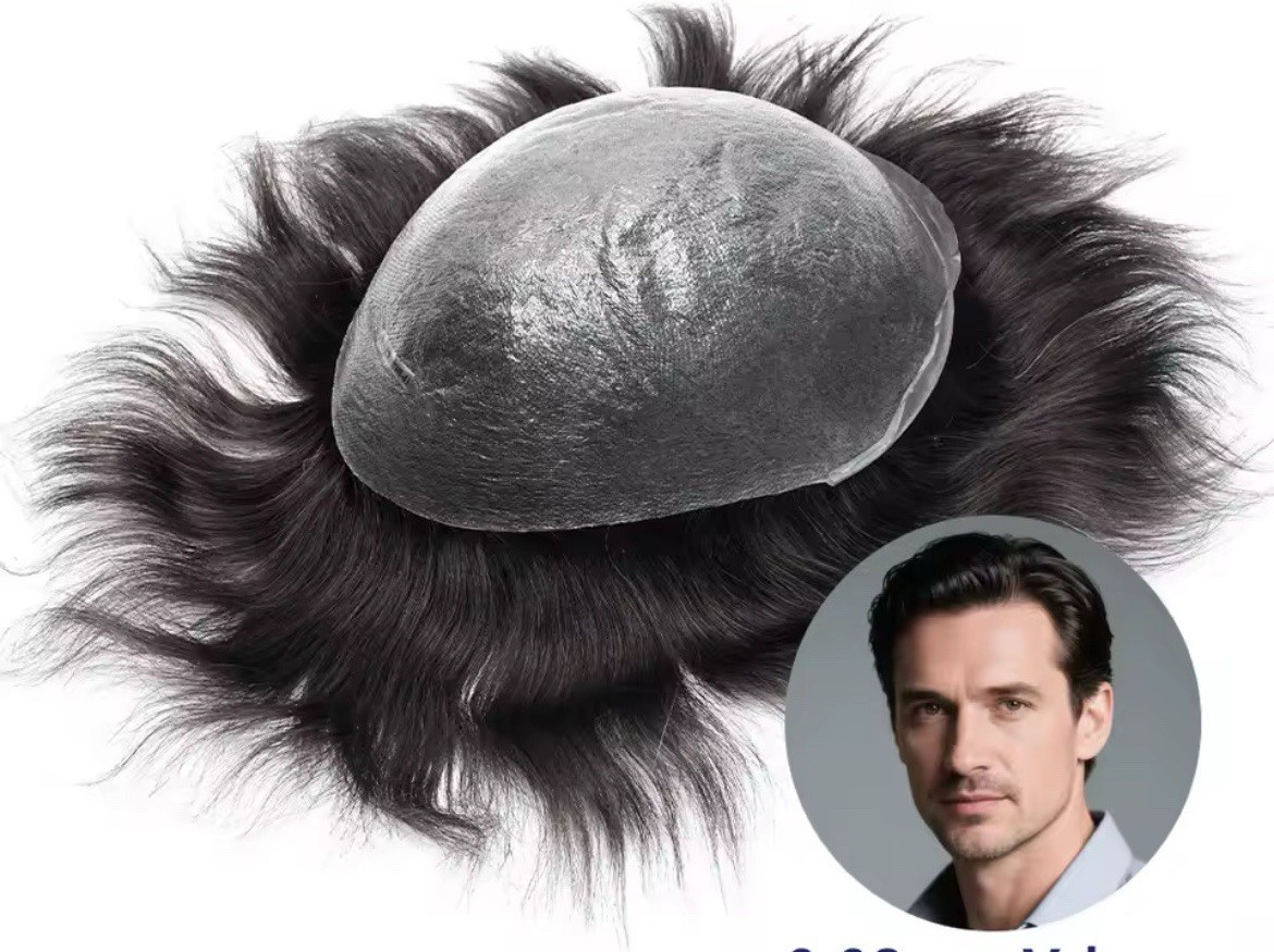 Men’s Human Hair Toupee Hairpiece Transparent Ultra-Thin Skin V-Loop Wavy