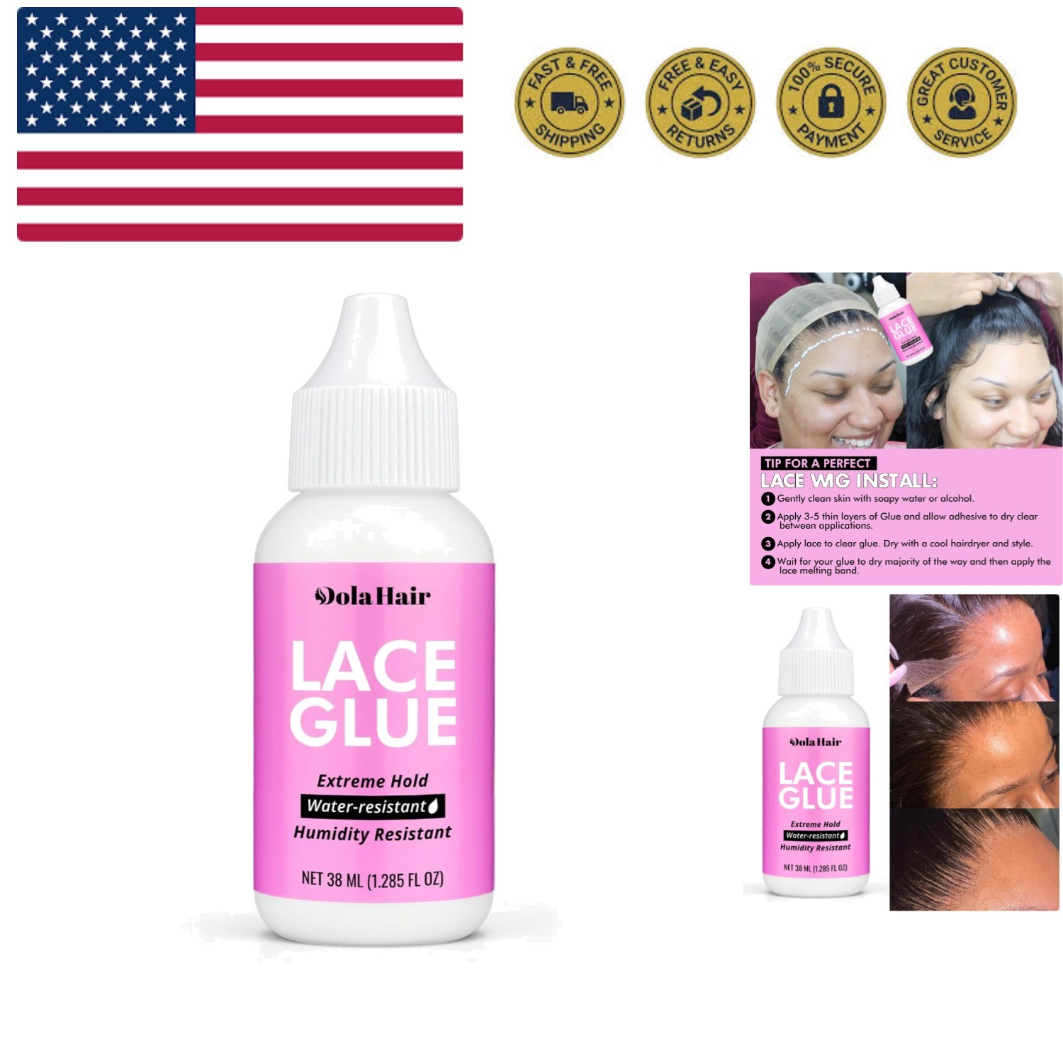 Extreme Hold Lace Glue for Wigs, Waterproof, Invisible Bonding, 1.285 Ounce