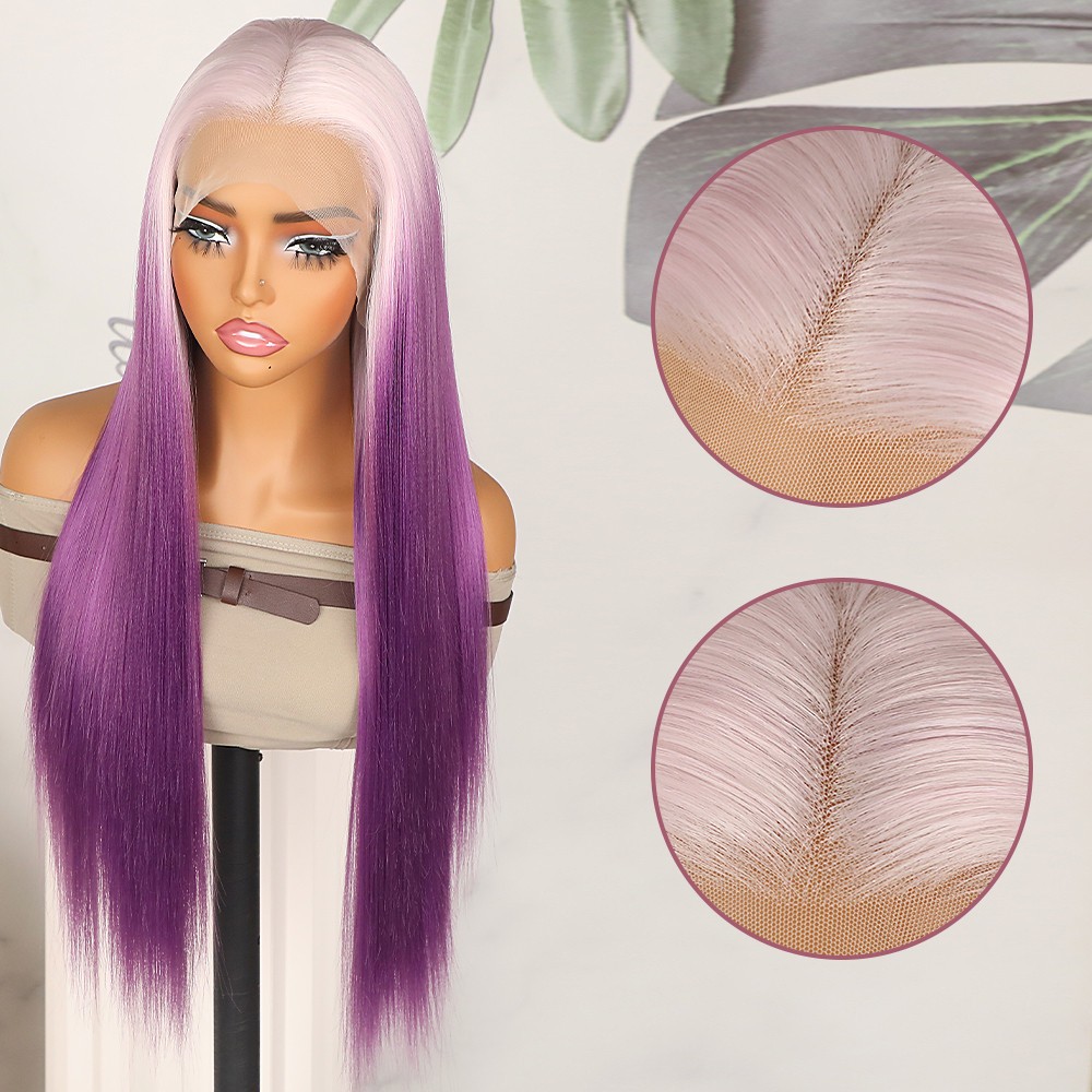 Ice Pink Ombre Purple Long Straight Hair Lace Front Wig 13×4 Pre Plucked Natural