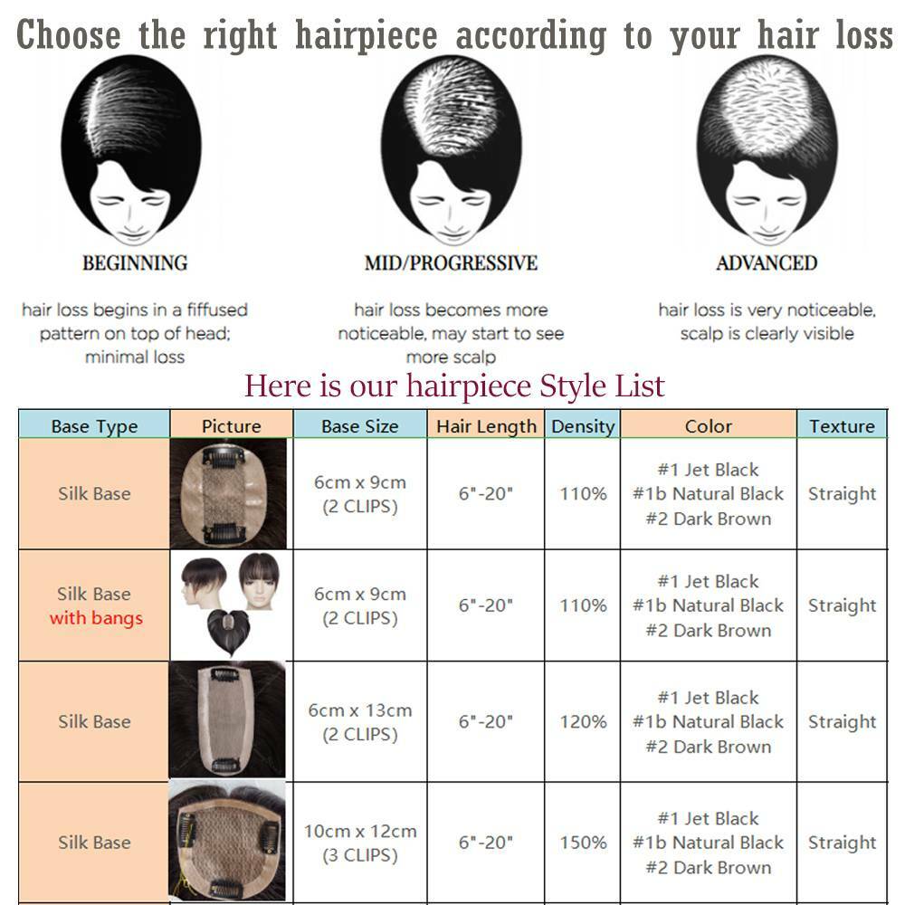100% Human Hair Woman’s Topper Hairpiece Toupee Wig Black/Brown/Blonde Silk/Mono
