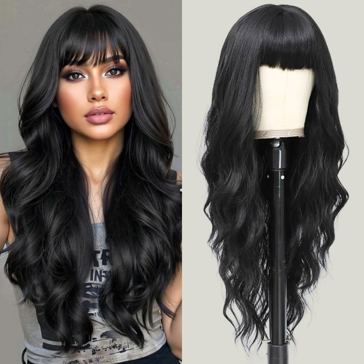 Black Wig with Bangs 26 Inch Long Curly Wavy Wigs for Women Begineer-Friendly…