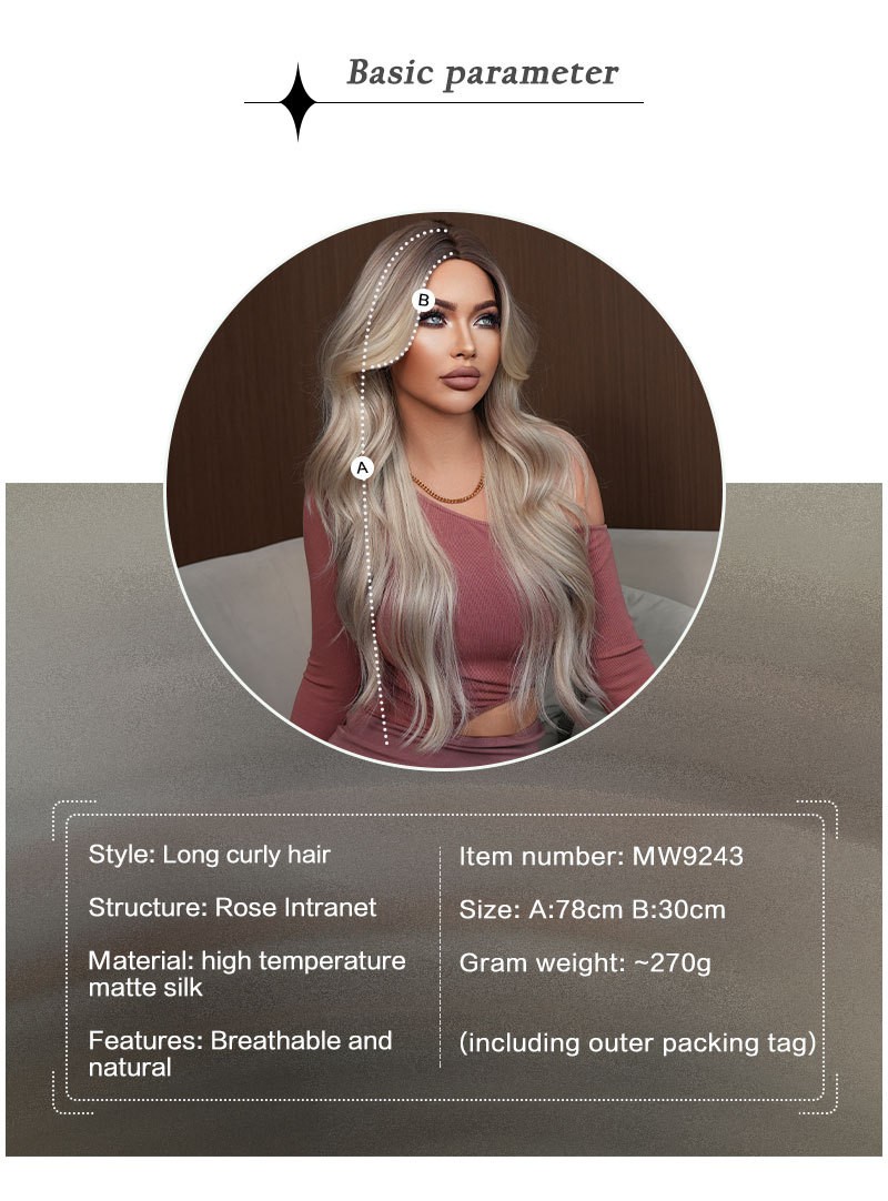 Long Wavy Ombre Beige Ash Blonde Middle Part Wig with Curtain Bangs for Women