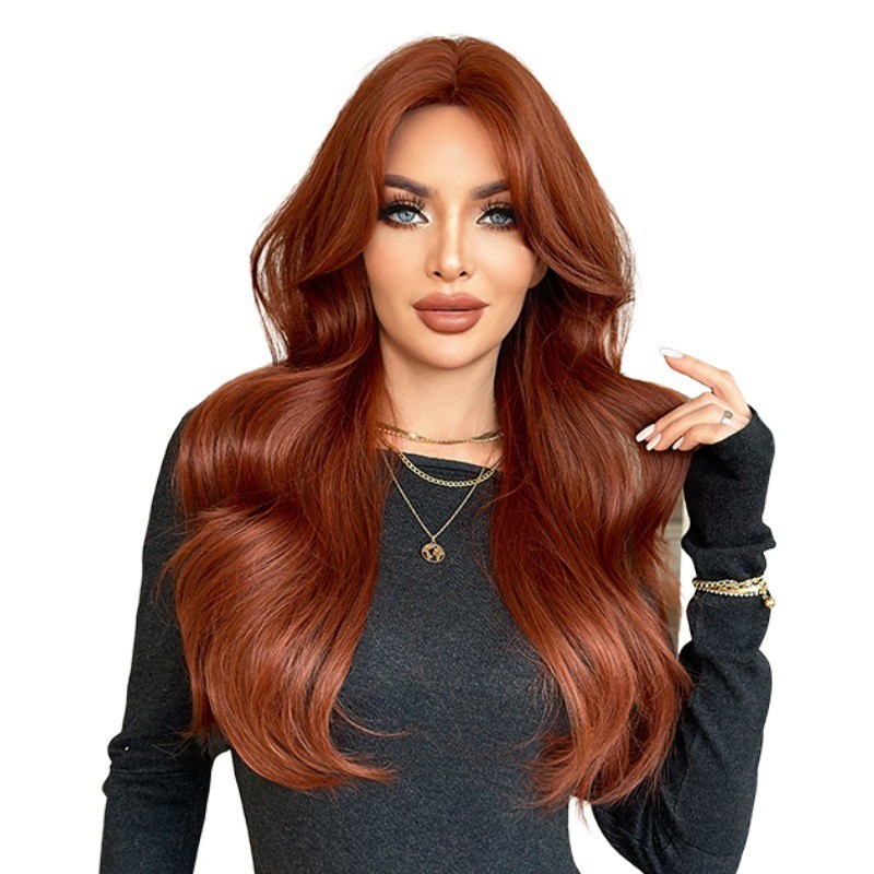 Wig with orange-red curly bangs long hair big waves fluffy texture