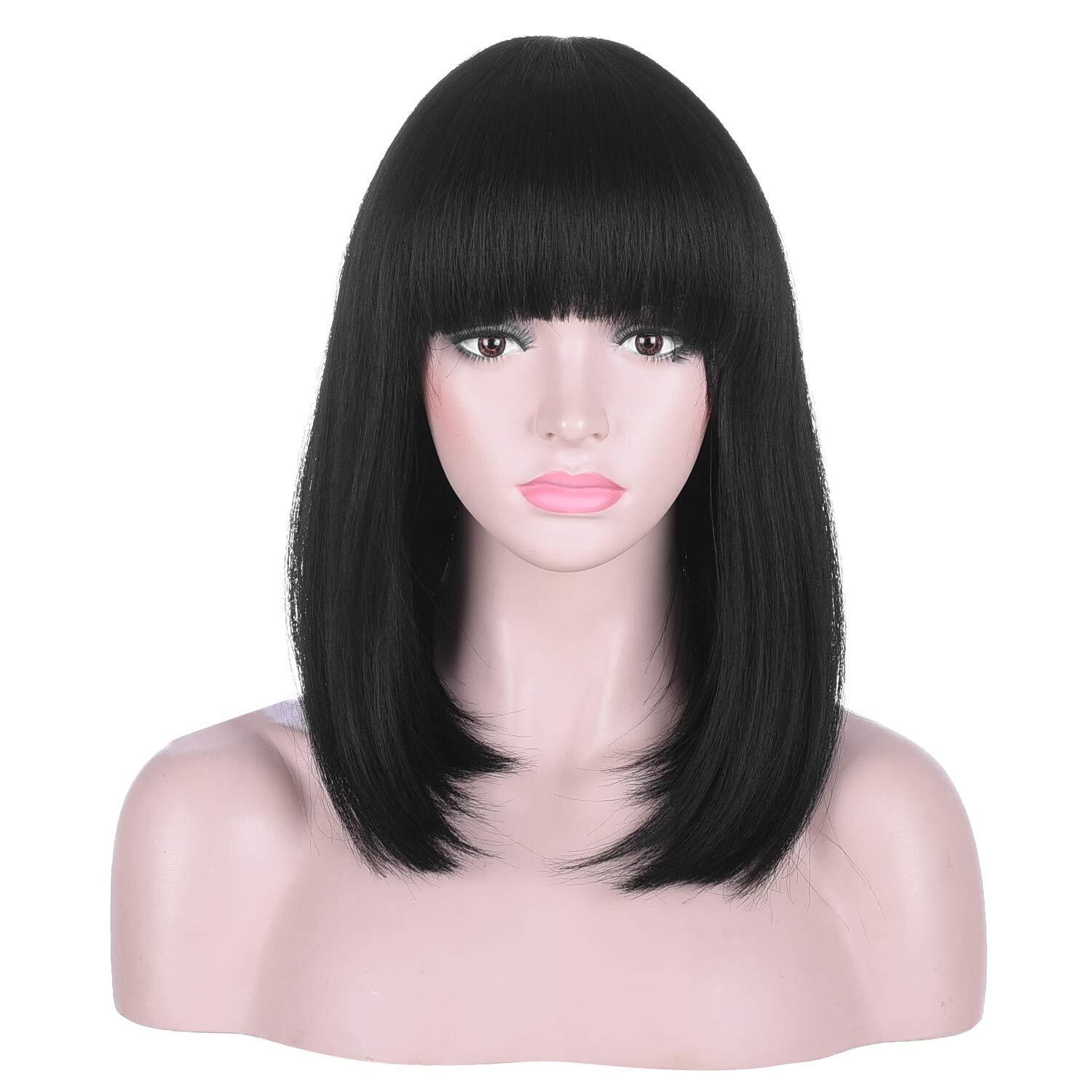 Black Bob Wigs with Bangs Straight Blunt Cut Shoulder Length Short Wig for Women