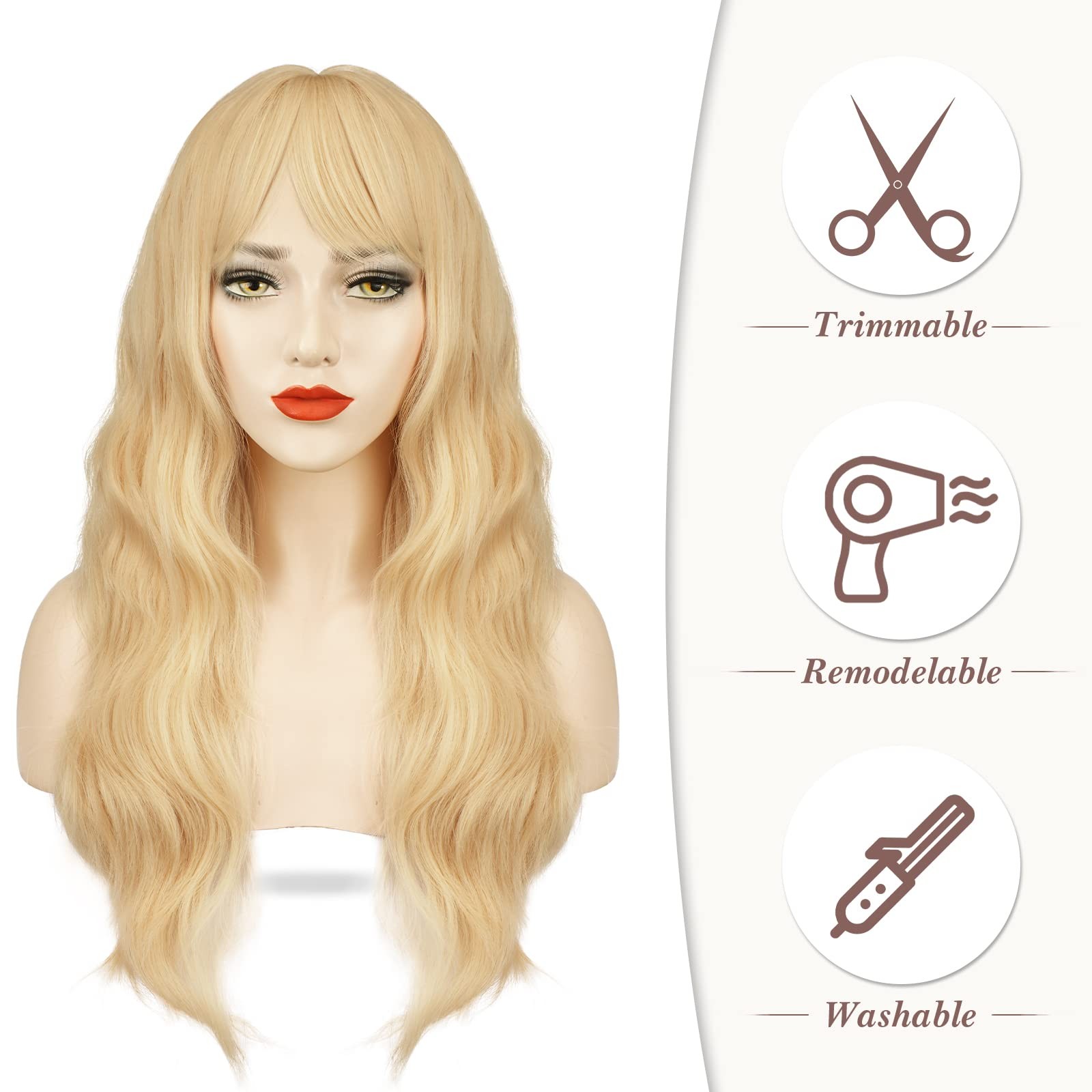 Long Wavy Blonde Wig With Bangs – 26 Inch Long Wavy Blonde Wig with Bangs for…