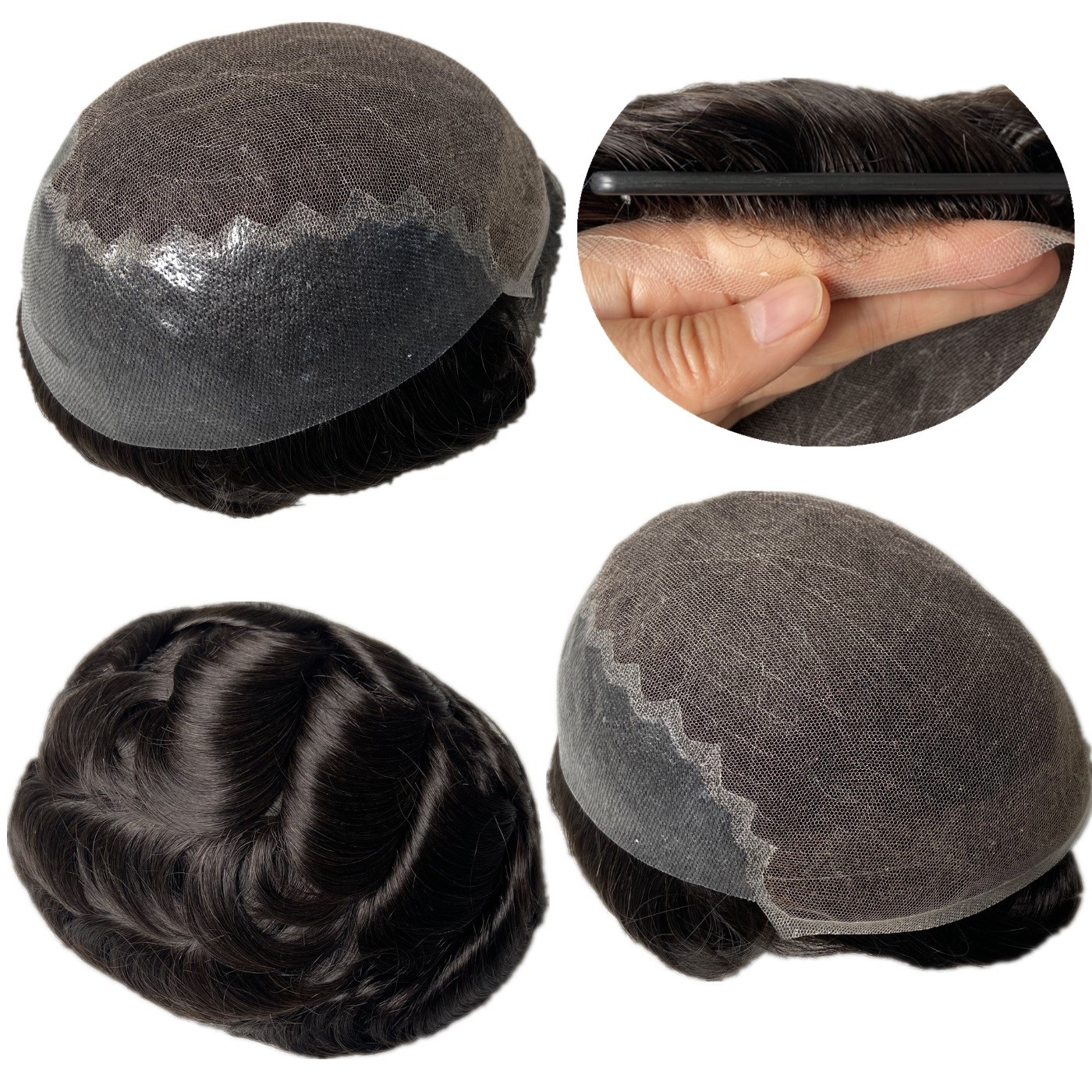 Mens Toupee Human Hair Replacement System French Lace Skin Back Hairpiece #1B