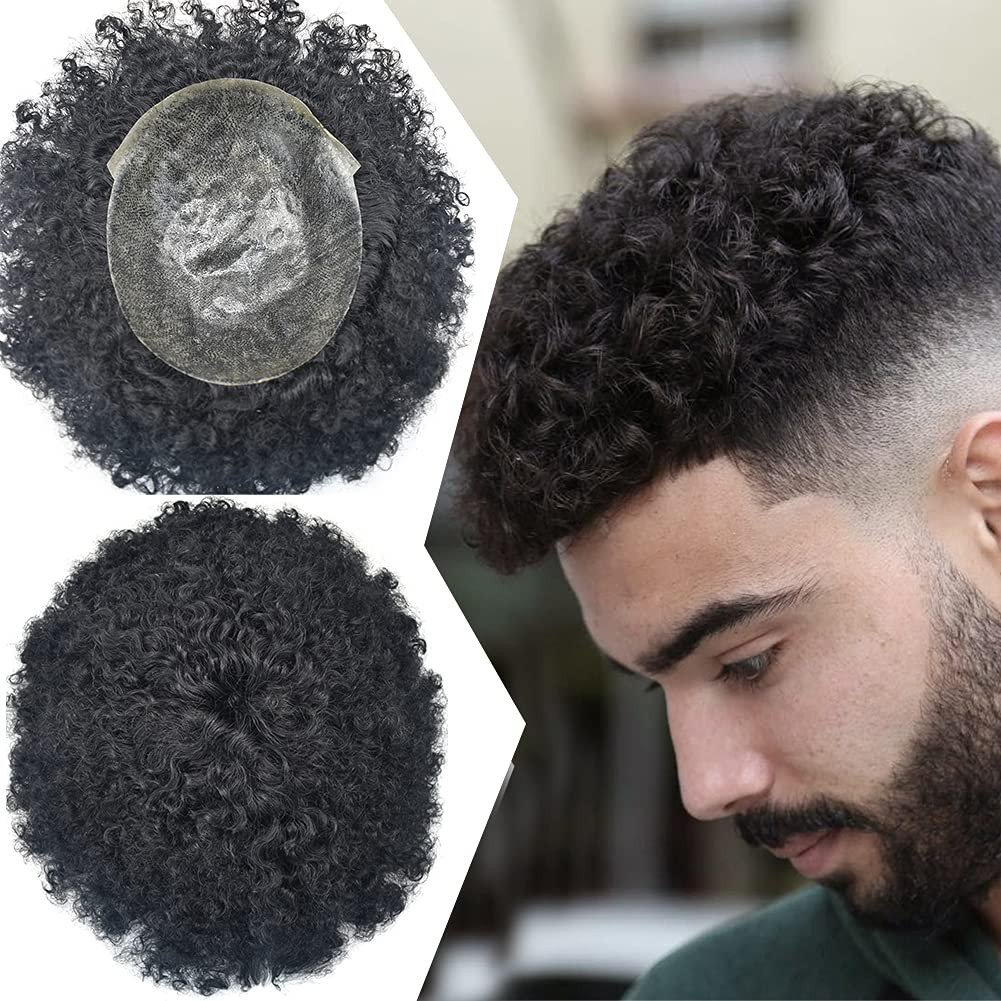 Black Afro Curl Mens Toupee Poly Skin 100%Human Hair African American Hairpieces