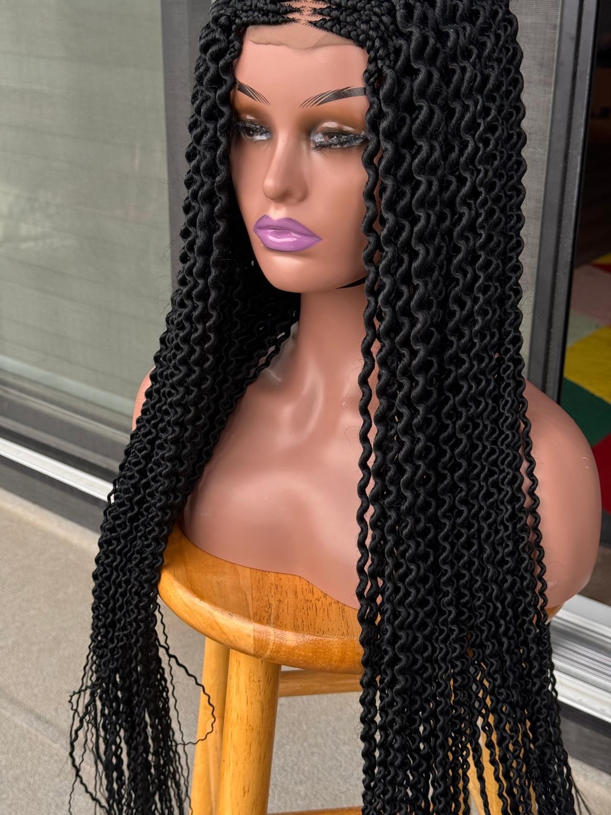 Goddess Boho Watermelon Braids Wig Curly Ends Black Lace Front Natural Scalp Wig